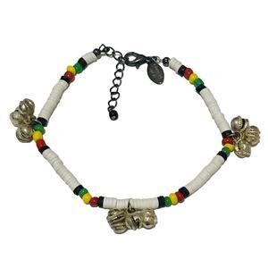 Beaded White, black, red, yellow, Green Bracelet with bells